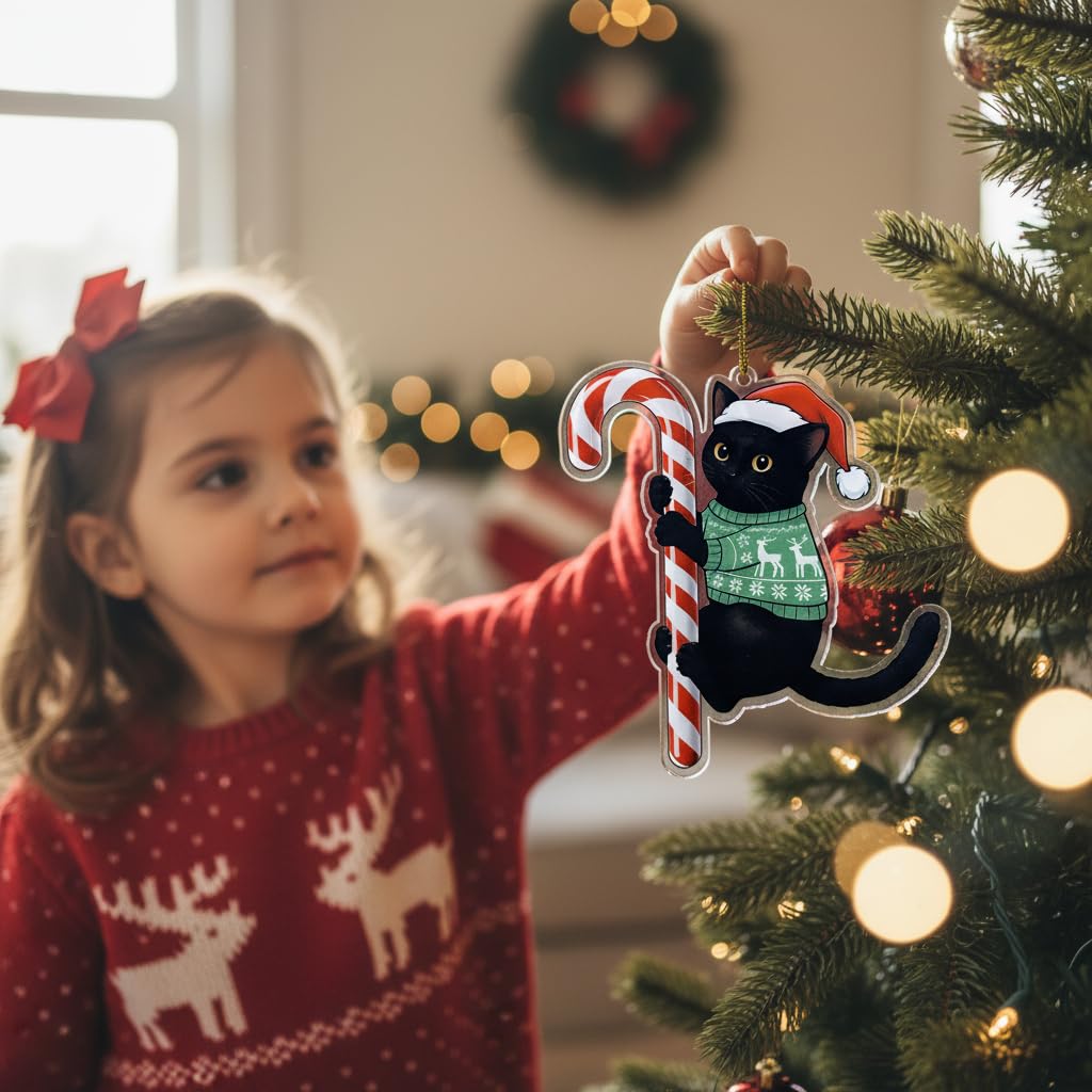Black Cat Christmas Ornament Hugging Candy Cane 2D Flat Acrylic Ornament - Cute Ornaments for Christmas Tree, Black Cat Ornaments for Women, Men 2025