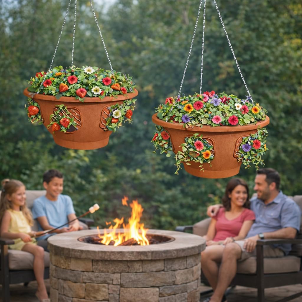 smart spring Ultimate Hanging Baskets - Strawberry, Tomato, Flower, and Herb Outdoor Planters - Use Garden Pots for Growing Plants Outside On A Deck, Fence, or Balcony (2, Terracotta)