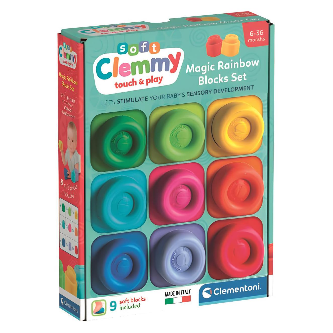 Clementoni Soft Clemmy - Magic Rainbow Blocks Set, 9 Soft Bricks for Children 6+ Months, Early Childhood Game, Made in Italy, Washable and Non-Toxic, Sensory and Manual Development, 17604