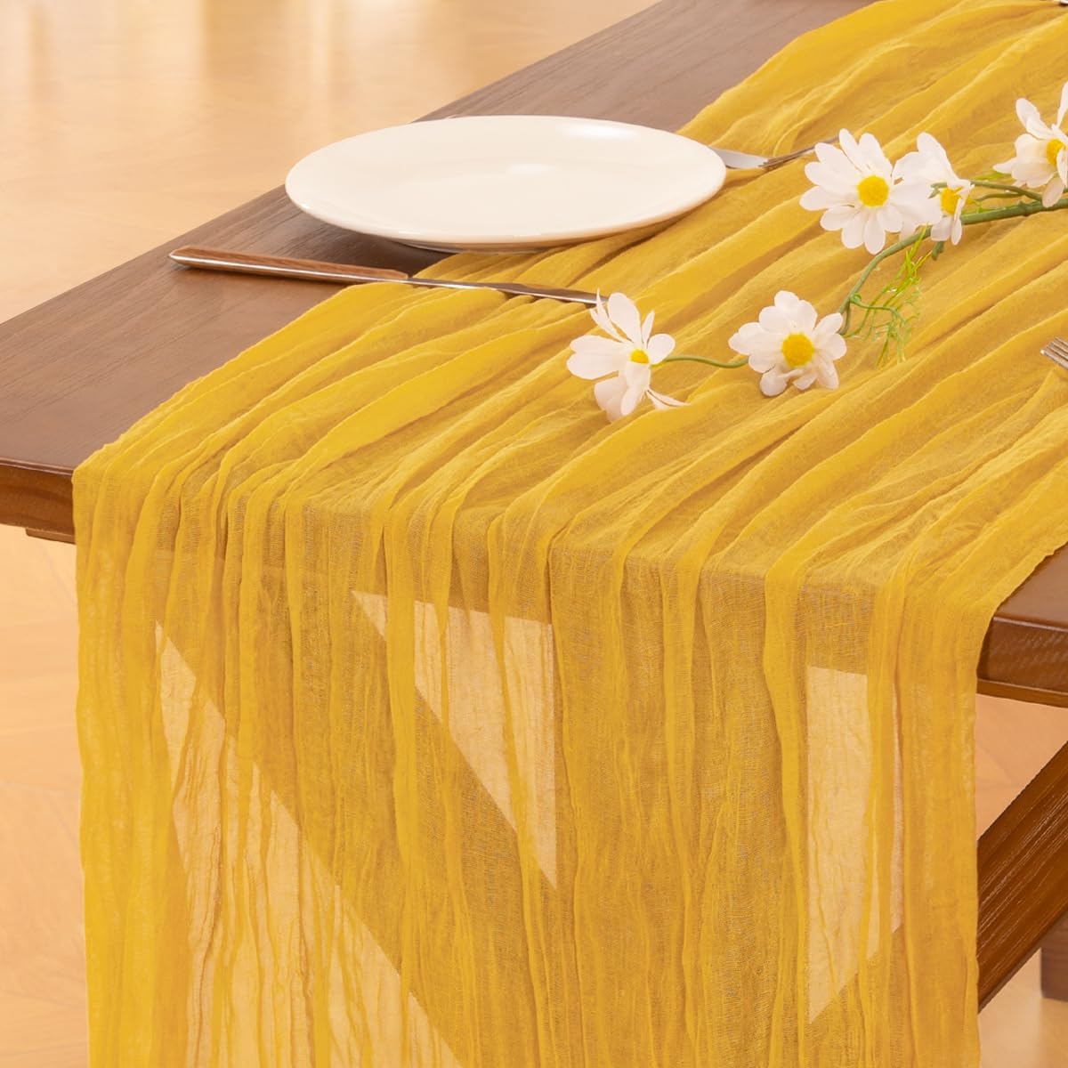Socomi Gold Yellow Cheesecloth Table Runner Fall Thanksgiving Boho Rustic Gauze 120 inch 10FT Cheese Cloth Runner for Wedding Party Baby Shower Birthday Home Decor Holiday Decorations