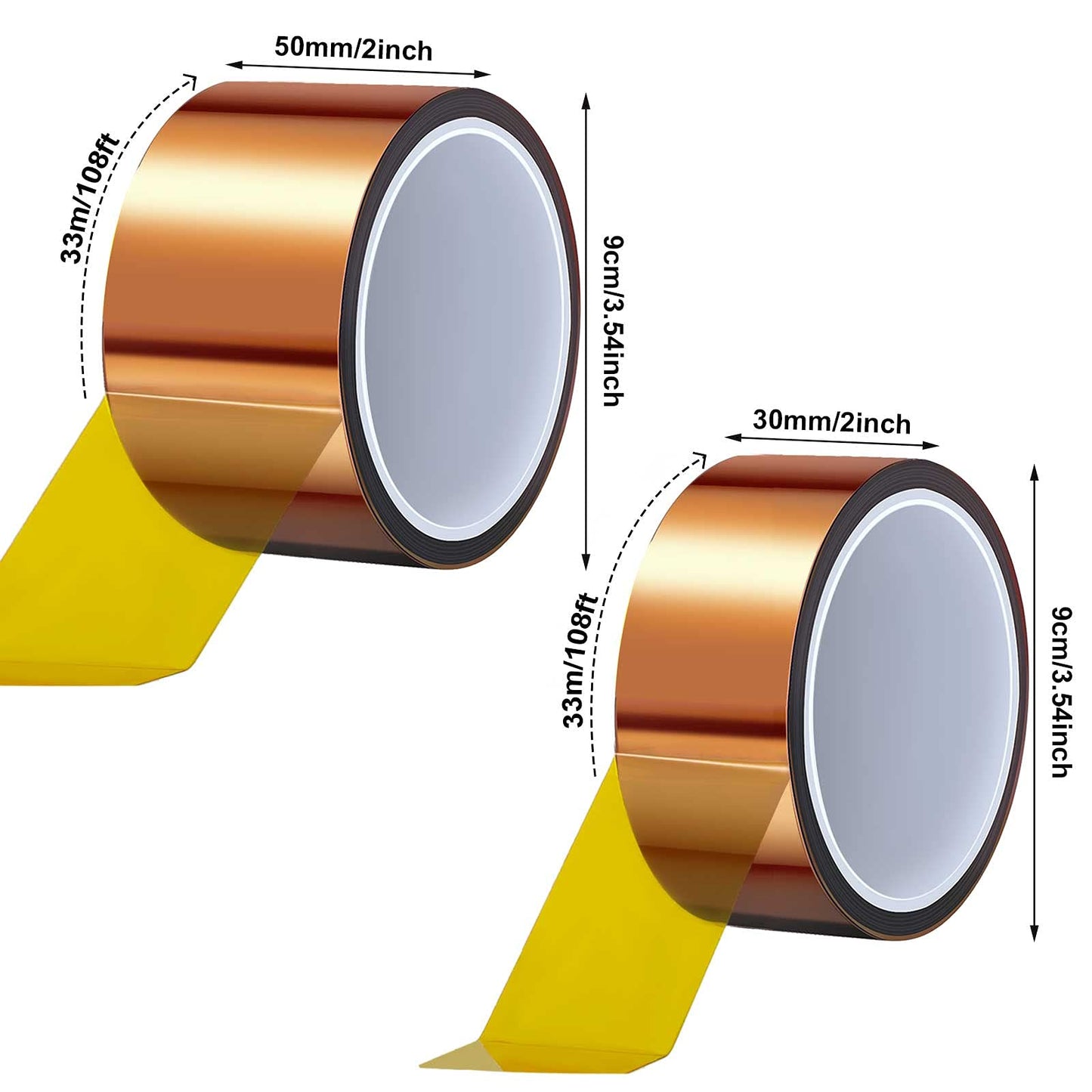 Outus 2 Rolls 30mm x 33m 50mm x 33m 108ft Heat Sublimation Tape High Temperature Transfer Tape Heat Resistant Polyimide for Electronics 3D Printers DIY Crafts (Dark Brown)