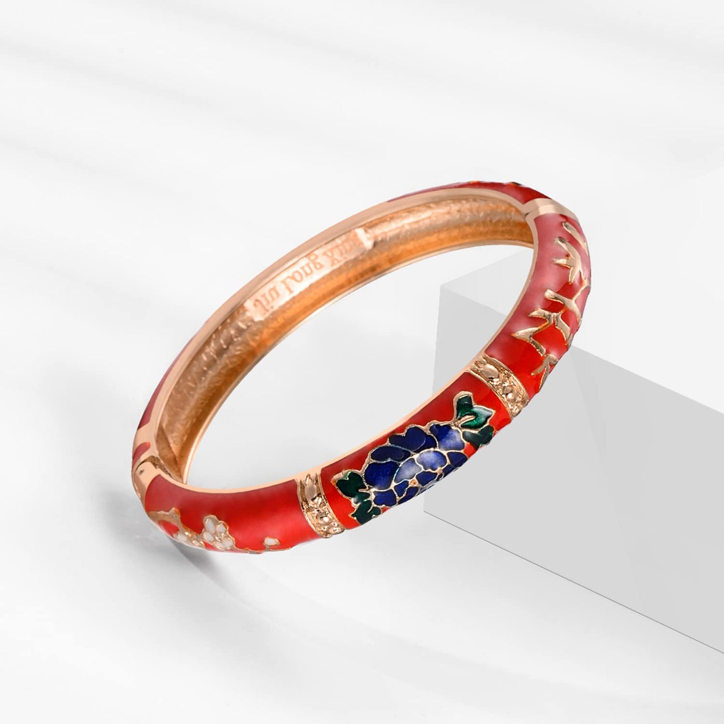 UJOY Gorgeous Bracelets Enameled Floral Cloisonne Gift Plated Cuff Bangles Jewelry Sets Box for Women 55A127-55A128 red