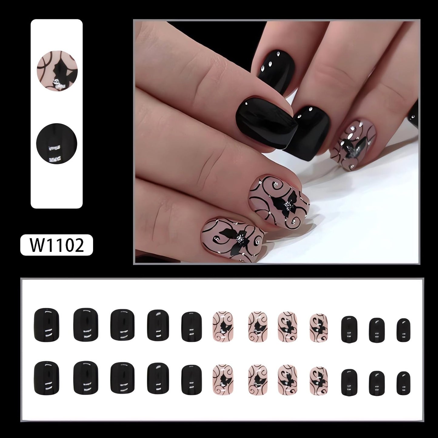 Extra Short Press on Nails Square Black Fake Nails Glossy Acrylic Glue on Nails Butterfly Rhinestone Designs Gel Nails Press ons Cute Stick on Nails for Women Manicure Tips Decorations 24Pcs