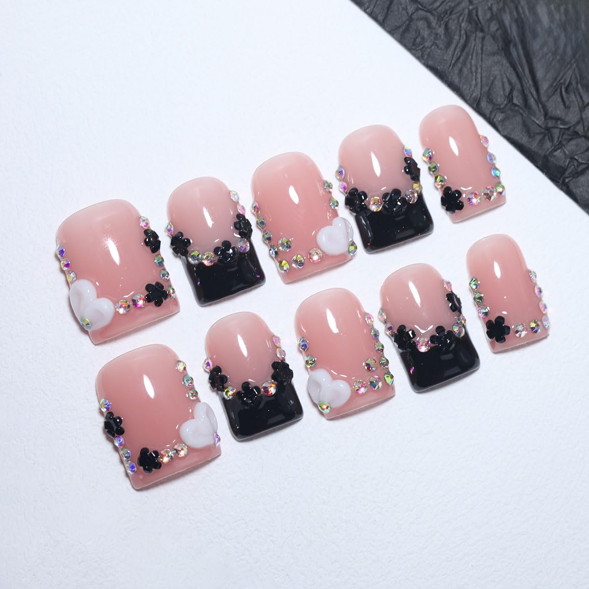 10Pcs Short Square Handmade Press On Nails | Easy Apply & Remove, Reusable Salon Quality Nails | Y2K Chic Nude Pink Fake Nails with 3D Heart, Black Flower & Rhinestone Accents(O905, S)