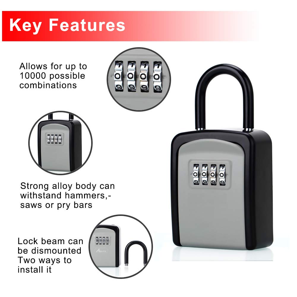 ABRA FOX Key Lock Box, Combination Lock box with Code for House Key Storage, Combo Door Locker (Black-1pack)