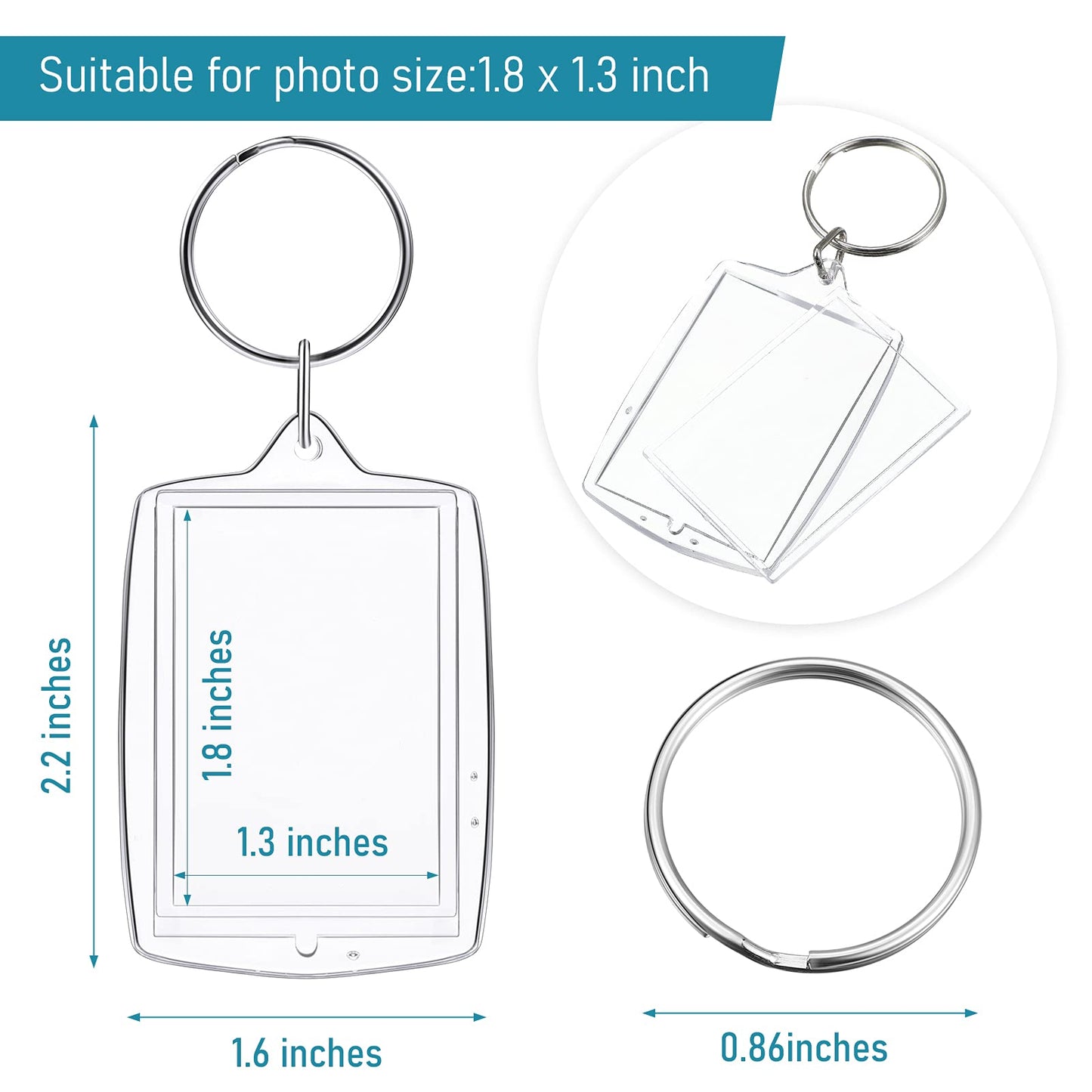 MTLEE 150 Pcs Square Photo Insert Keychain Clear Acrylic Picture Keychains Picture Frame Blank Photo Insert Keyring
