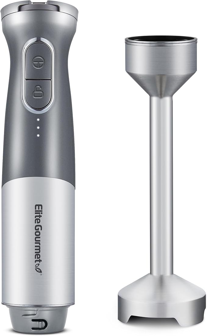 Elite Gourmet EHB1300 Cordless, Rechargeable Hand Blender, Variable Speed Blending with One-Touch Power Button, Stainless Steel Blades, Portable, Easy Control Stick Mixer, Baby Food, Charcoal Grey
