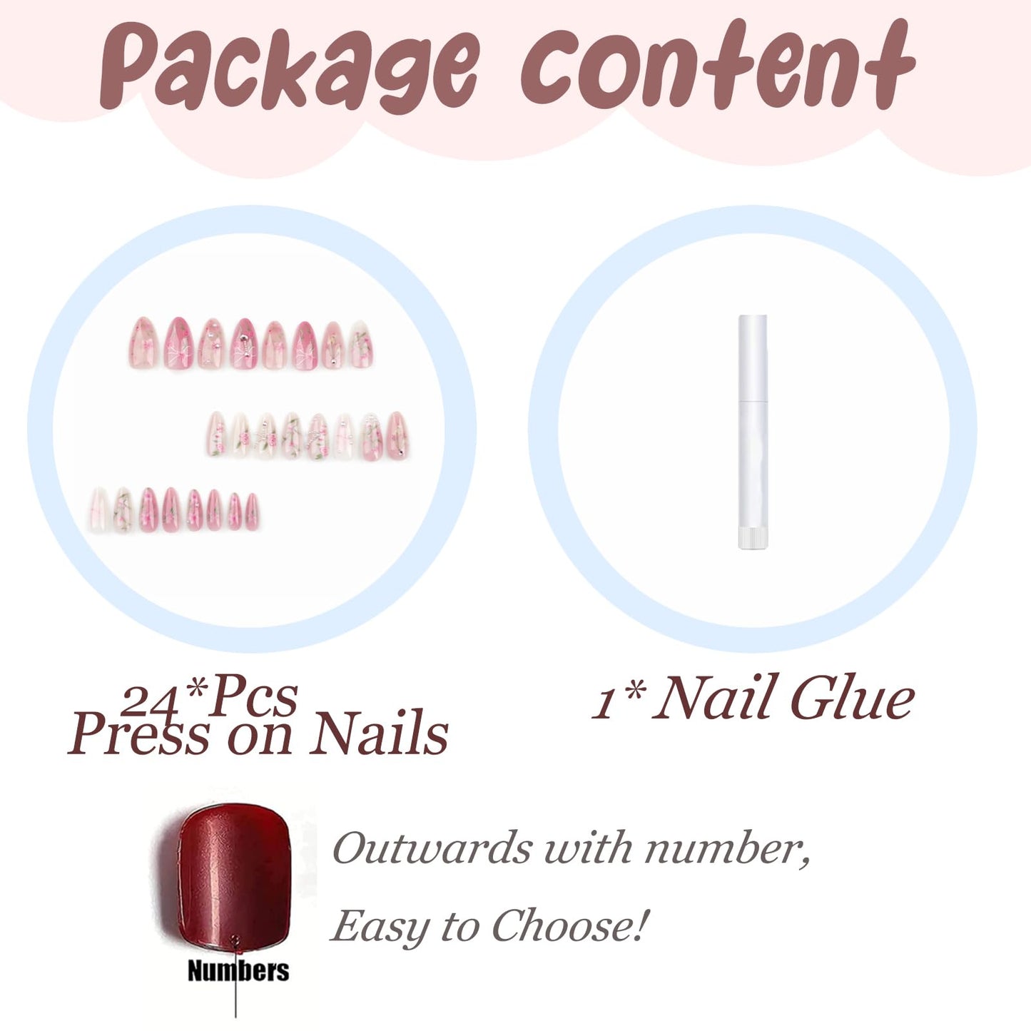 BABALAL Almond Press on Nails Medium Fake Nails Pink Glue on Nails Flower Heart Charm Design Acrylic Nails 24Pcs Coquette Handmade False Nails