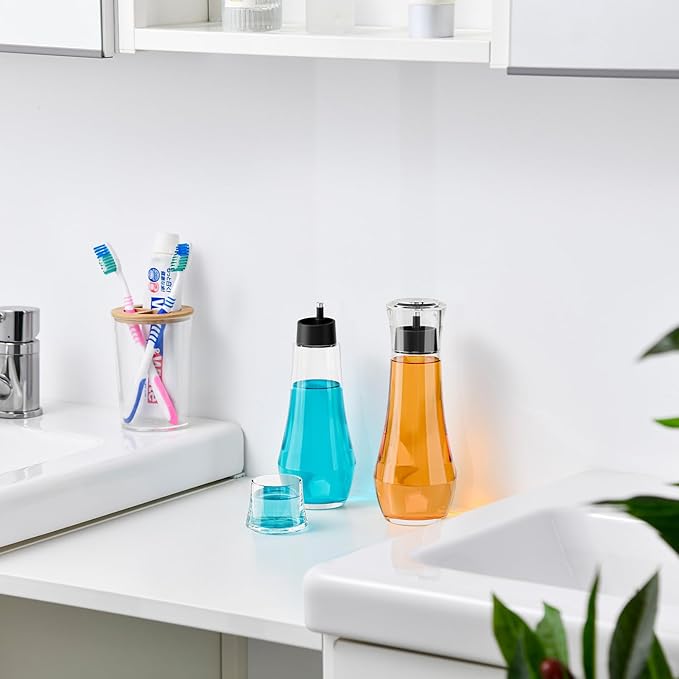 VITVITI Glass Mouthwash Dispenser for Bathroom, 8.8OZ Mouth Wash Container Bottle with Lid Cup, Small Clear Refillable Mouthwash Dispenser Decanter for Countertop, Set of 2, Black