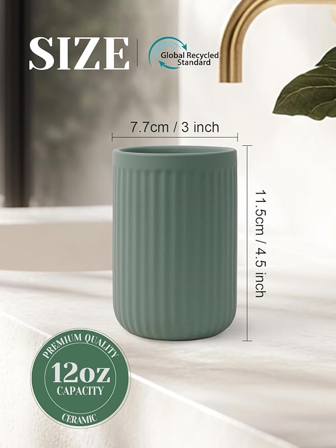 INGOFIN Ceramic Toothbrush Holder, 12 oz Toothpaste Holder Bathroom Cup, Tooth Brush Holder for Vanity Countertop, Organizer Storage for Cosmetic, Makeup, Office Pencils, Matte Green
