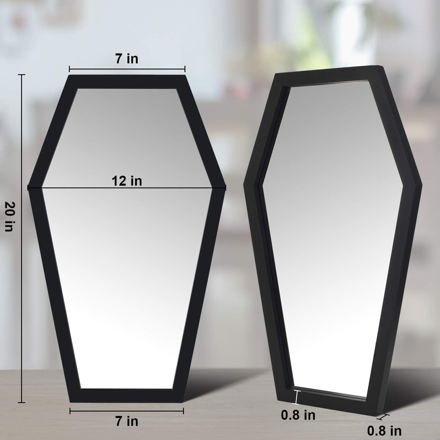 Gothvanity Gothic Coffin Wall Mirror - Spooky Dark Decor for Bedroom Living Room Bathroom, Wooden Sturdy Large Black Mirror with Hooks, Ready to Hang 20x12 Inches
