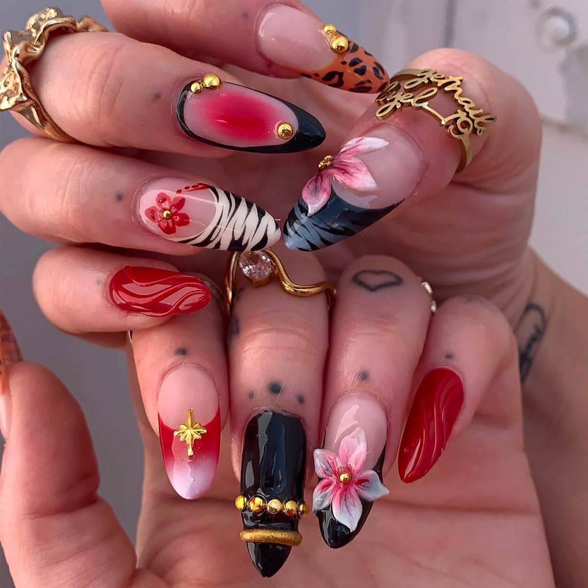plalely Stiletto Press on Nails Long Red Fake Nail Zebra StripeAcrylic Nail Press ons with 3D Flower DesignStick on Nails for Women 24pcs
