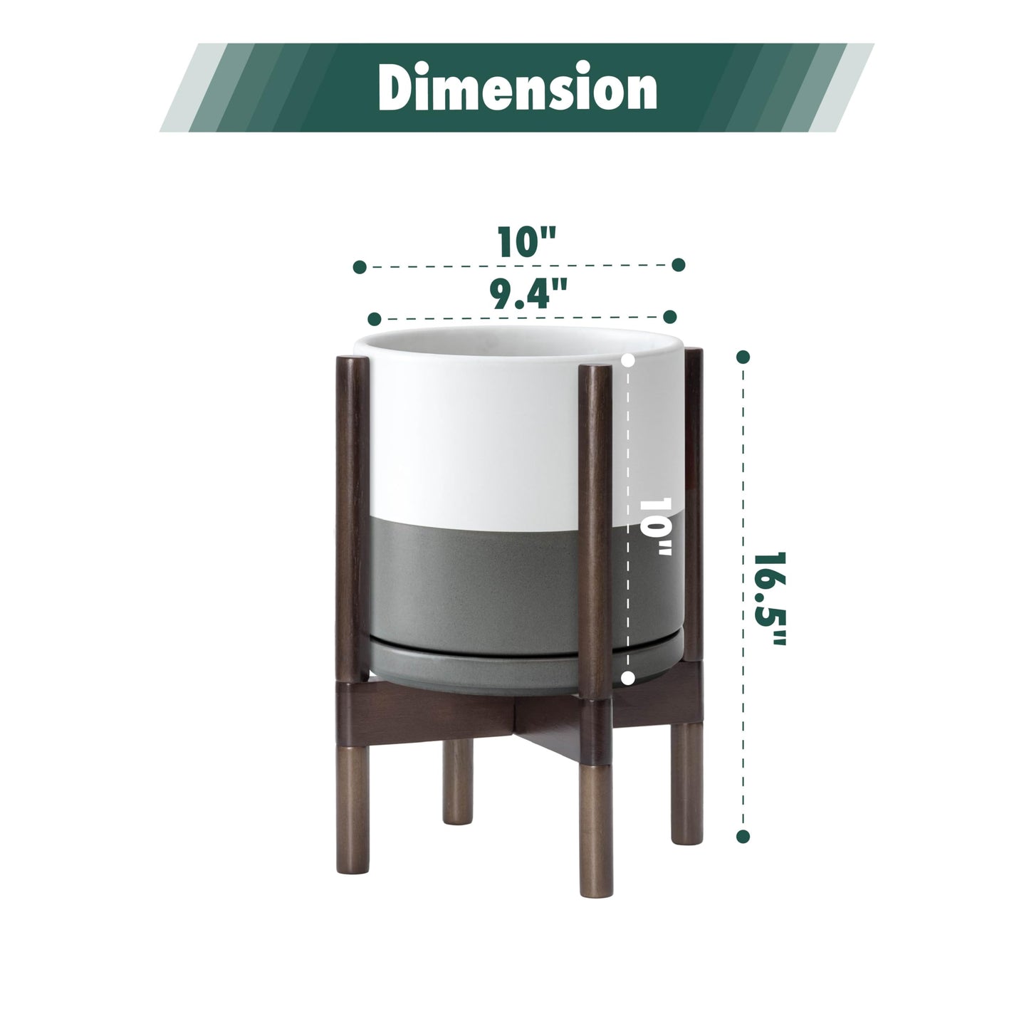 D'vine Dev Ceramic Planter with Walnut Color Stand - 10 Inch Modern Round Flower Pot with Wood Planter Holder, White/Grey, 55-B-X-6