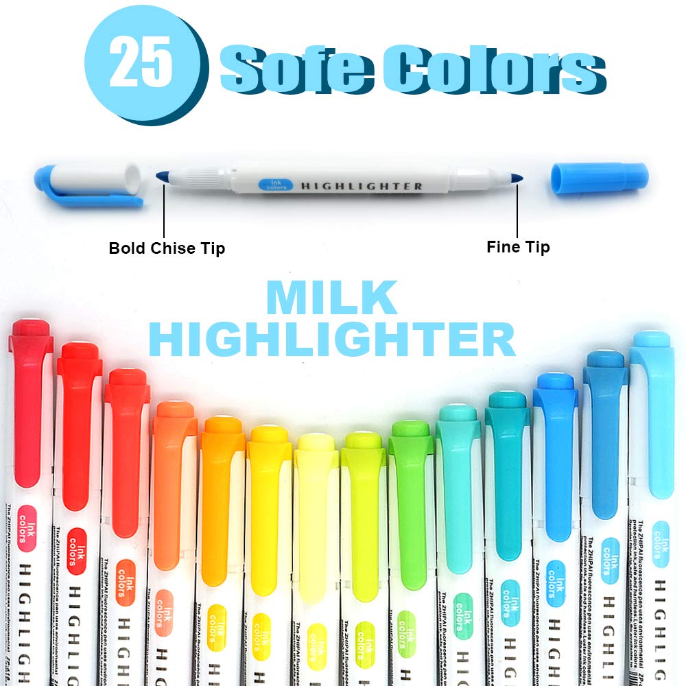 YOOUSOO 25 Pack Pastel Highlighters Assorted Colours, Dual Tip Bible Highlighter, Chisel Tip Mild Highlighters No Bleed Fluorescent Highlighter Pens for School Student Office Journals