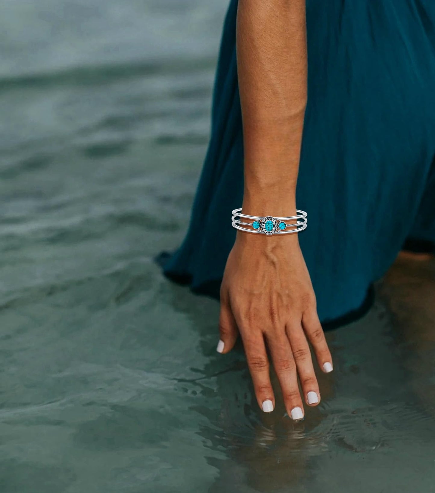 DOLIOX Genuine 3 Turquoise Stone Bracelet, Sterling Silver Boho Adjustable Bangle Cuff Native American Vintage Jewelry for Women, Fit for 6.5 7 7.5 Inches