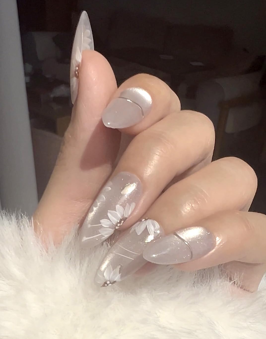 Handmade Press On Nails impress Fake Nails Medium Almond pruple white Ice flowers Hand Painting Crystal Manicure False press ons Nail Artificial (S size)