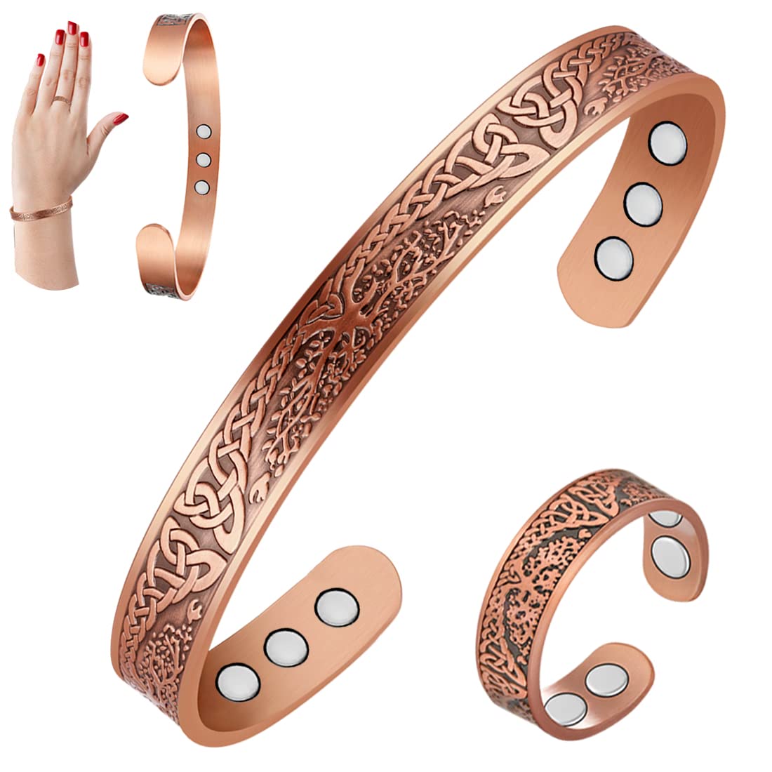 Cigmag Copper Bracelets for Women and Copper Ring Tree of Life Pattern Cuff Bangle Strength Magnets Adjustable