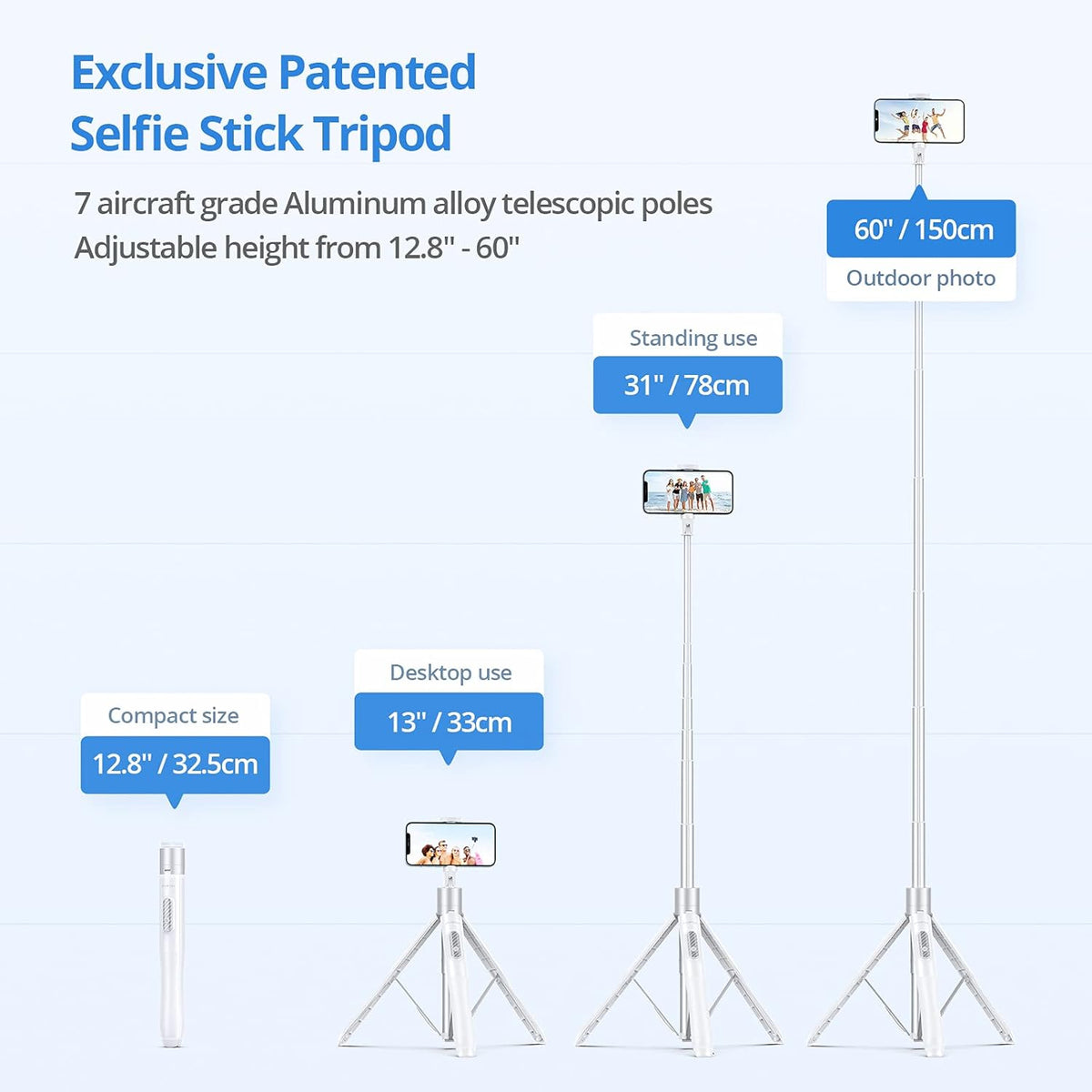 ATUMTEK 60" Selfie Stick Tripod, All in One Extendable Phone Tripod Stand with Bluetooth Remote 360° Rotation for iPhone and Android Phone Selfies, Video Recording, Vlogging, Live Streaming, White