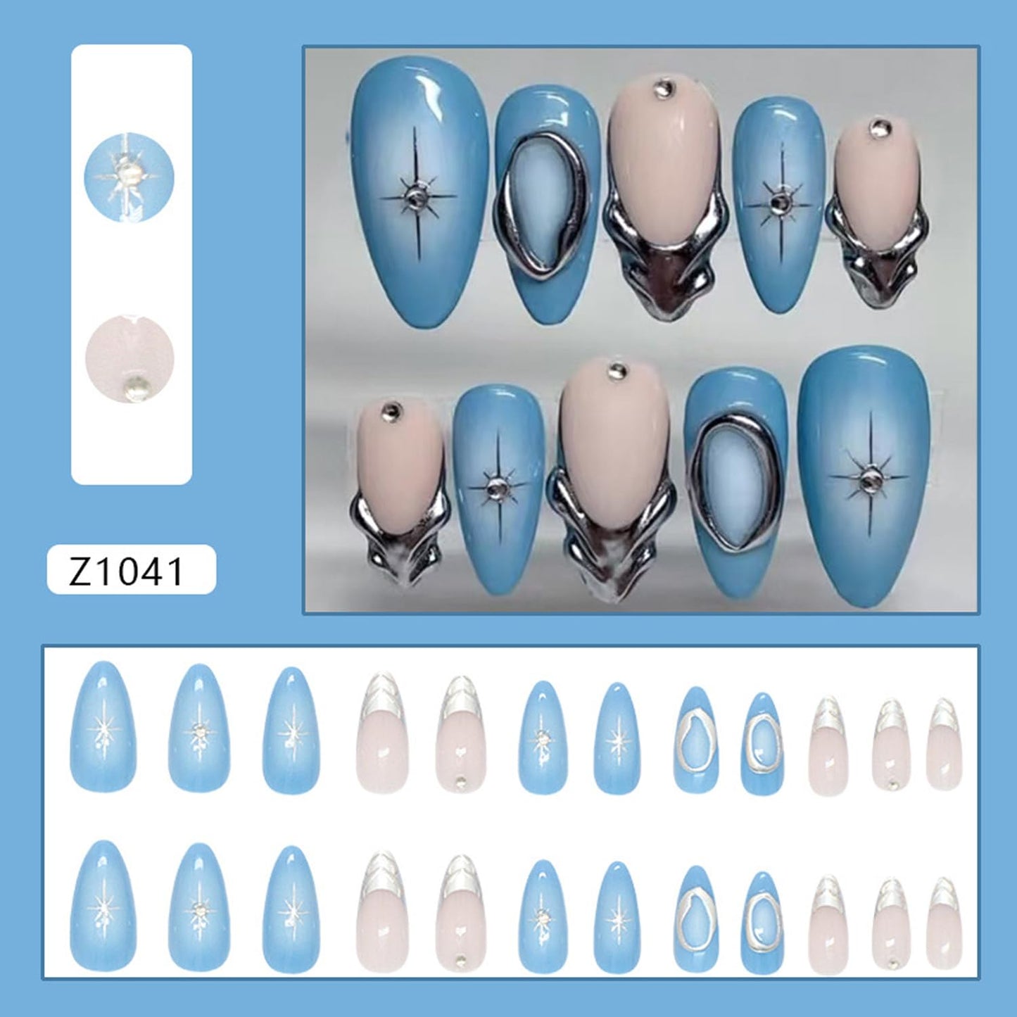 24Pcs Blue Press on Nails Medium Almond Fake Nail Tips with Rhinestones Sparkling Star Gothic Style Y2k Blue French Silver Star Stick on Nails Acrylic Nails Almond Shape False Nails for Women