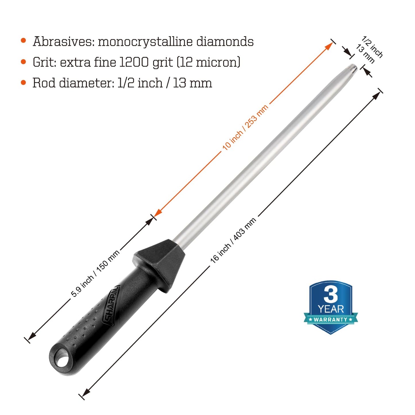 SHARPAL 119N Diamond Sharpening Steel – Professional Solid Knife Sharpener Honing Rod with Built-in Angle Guides, Sharpens, Realigns, and Polishes Edges for Chef and Kitchen Knives Mothers Day Gifts