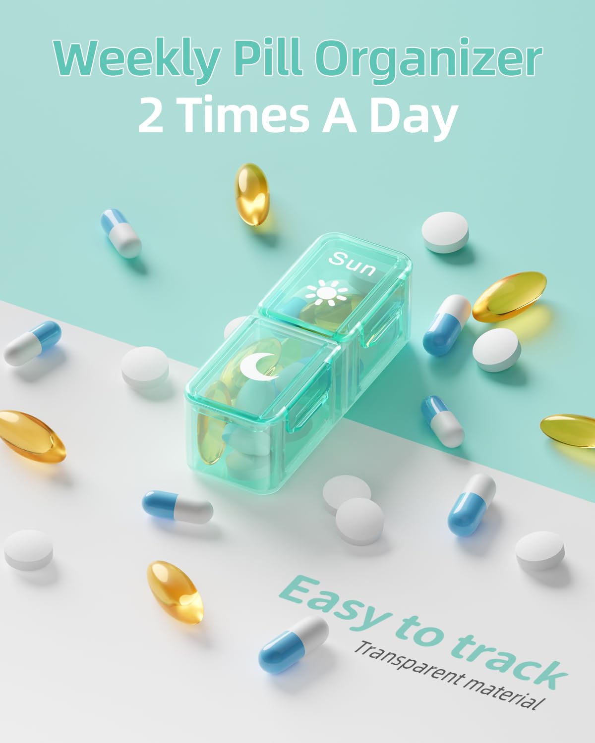 AM PM Pill Organizer 2 Times A Day, 7 Day Pill Box Weekly Pill Organizer Travel with Separate Container, Portable Daily Medicine Planner Dispenser Case for Vitamin, Fish Oils, Supplements（Green）