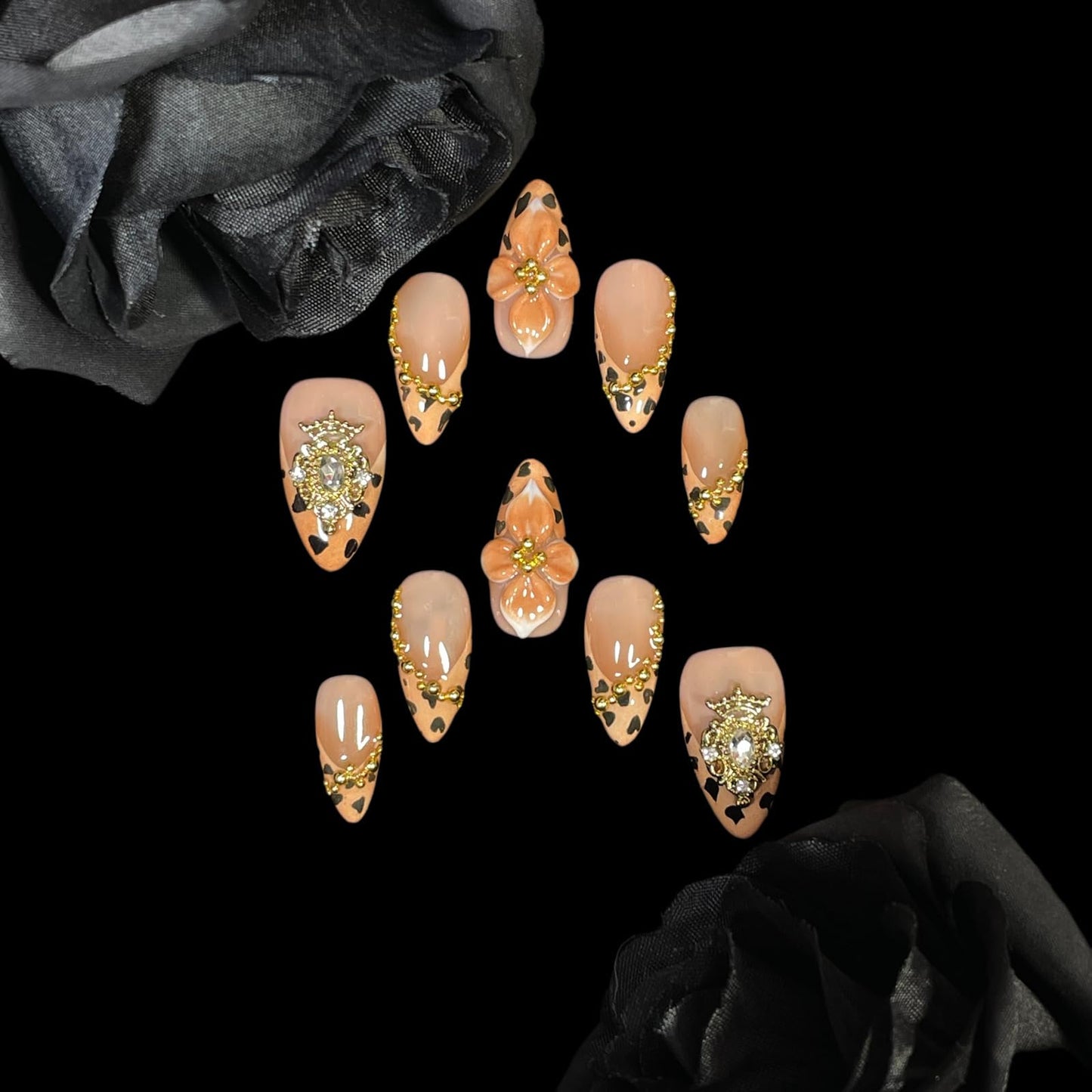 Handmade Press on Nails 3D Flower, Almond Shape, Gold Crown Jewels, Leopard Print Design, Luxury Reusable Acrylic False Nails (Gold Crown, S)
