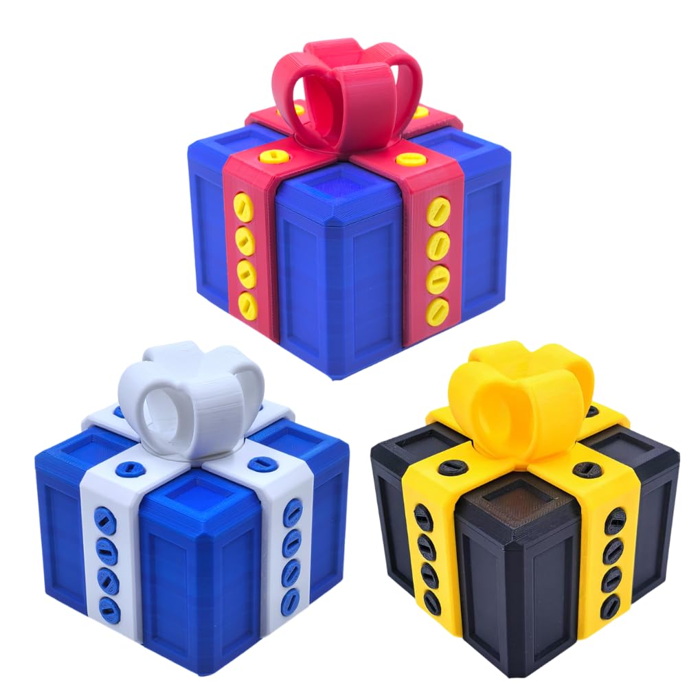 sofarefinish 3.14'' Annoying Gift Box, Multicolor 3D Printed Prank Box, Prank Box Set, 3 Count (Blue with Red, Blue with White, Black with Yellow)
