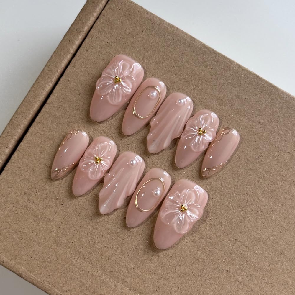 Handmade Acrylic Press On Nails Almond, Simple False Nails For Women, Reusable ABS Material Fake Nails, 10 Pcs Medium Almond Stick On Fingernail, DIY Art At Home with Nails Set (Size M)