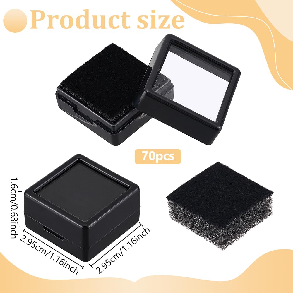 BENECREAT 70 Pack Black Gemstone Display Box, 1.16x1.16x0.63Inch Plastic Square Jewelry Storage Box with Clear Top Lids