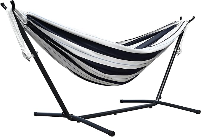 Vivere Double Sunbrella Hammock with Space-Saving Steel Stand, Heavy-Duty Portable Outdoor Hammock Set for Backyard, Patio, or Travel, Harbor