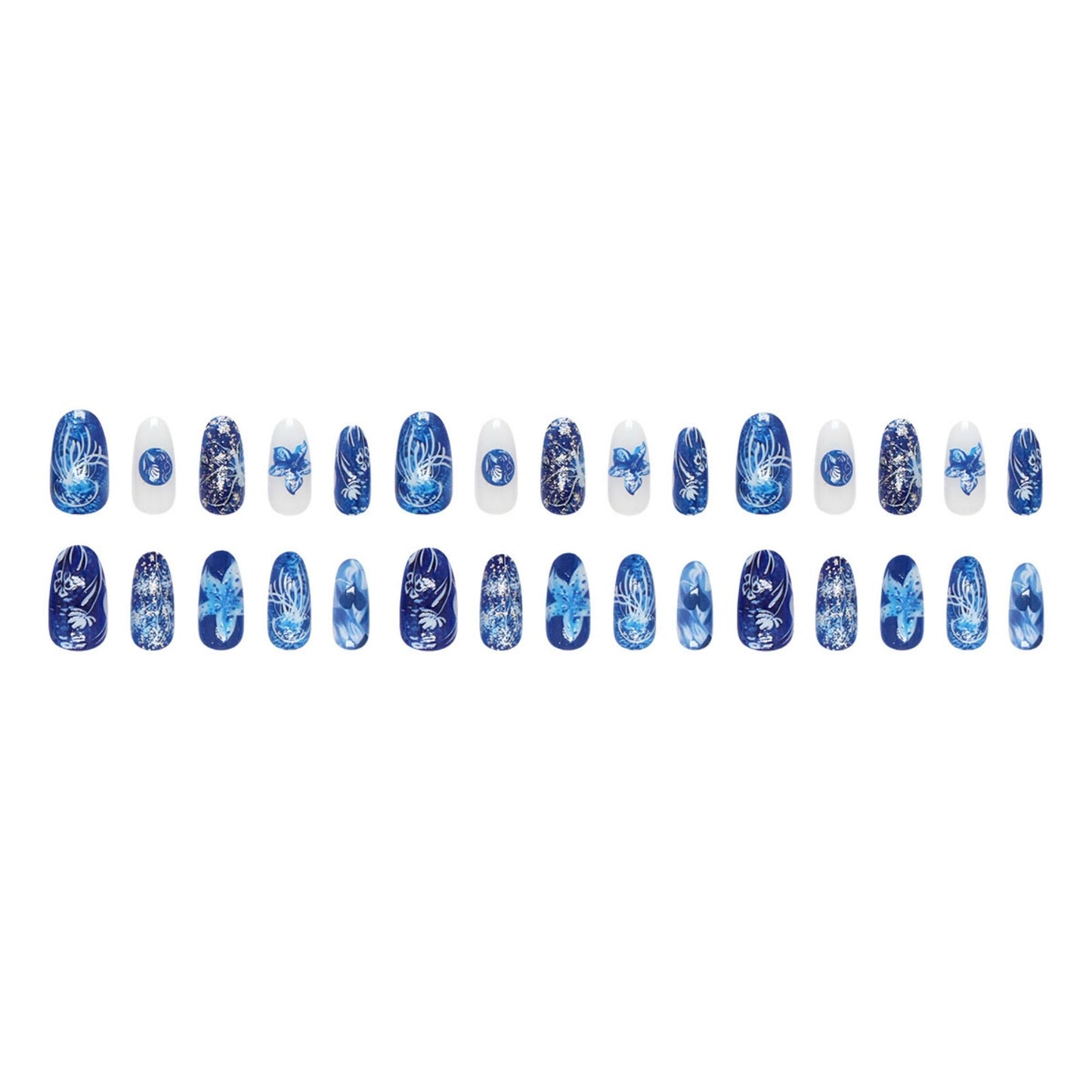 octoswave Blue Press on Nails Almond Fake Nails Medium Artificial Nail 3D Starfish Stick on Nail for Women 30pcs
