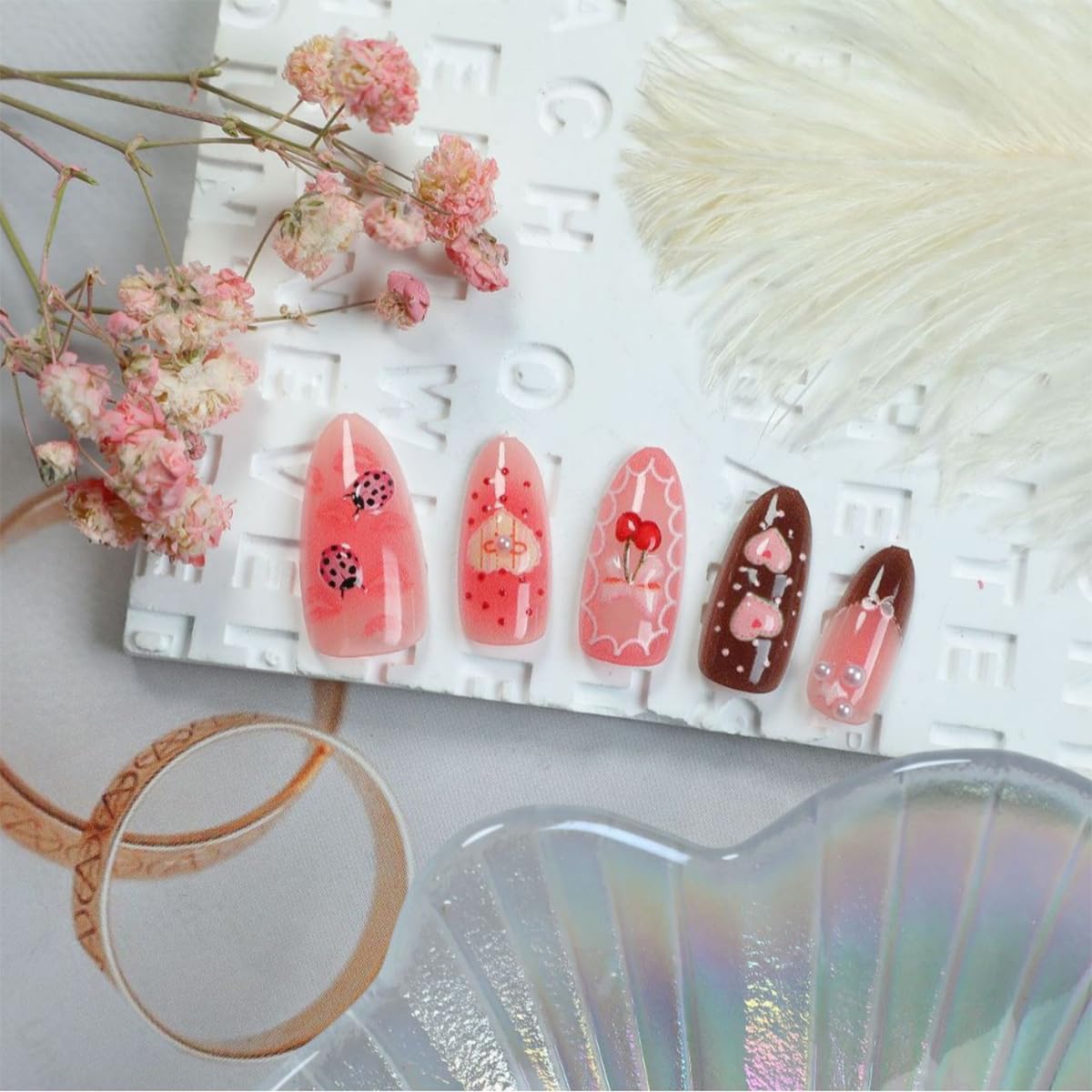 30Pcs Romantic Valentines Press on Nails Medium Almond Fake Nails with 3D Cherry Heart Bow Pearl Designs Cute Glue on Nail Sexy Red Lips False Nails Pink Acrylic Full Cover Stick on Nail for Women