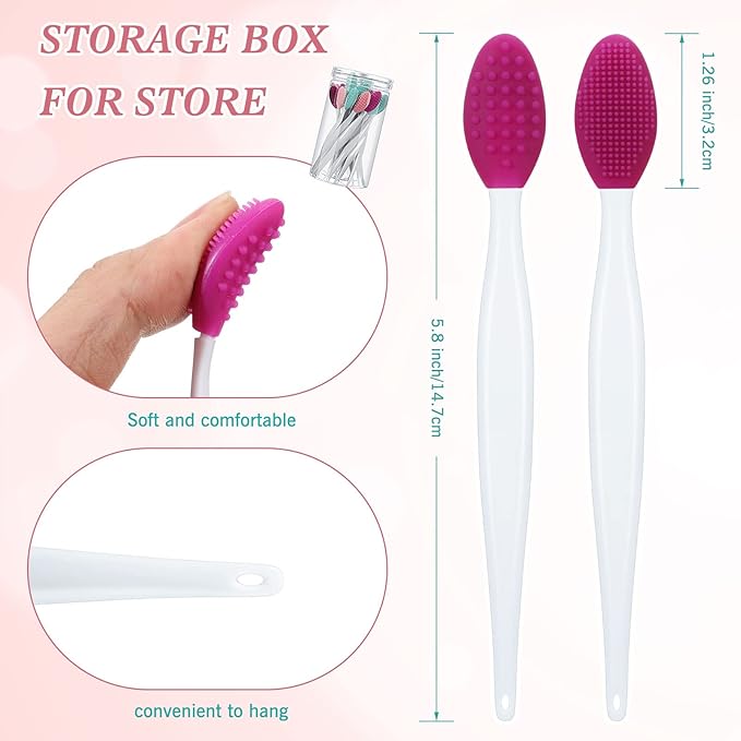 Patelai 24 Pcs Silicone Exfoliating Lip Scrub Brush with Container Double Sided Silicone Lip Scrubber Soft Cleaning Brush for Men Women Lightening for Dark Lips(Pink, Green, Purple)