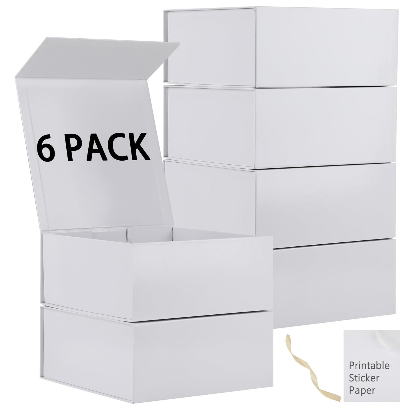MUMUPACK 6 Pack White Gift Boxes With Lids,9x9x4 Inch Bridesmaid Proposal Box And Printable Stickers,Proposal Boxes With Ribbon For Wedding, Packaging, Present, Birthday
