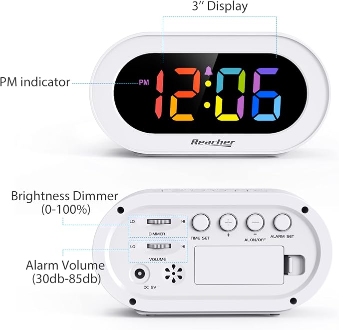 REACHER Small Colorful LED Digital Alarm Clock with Snooze for Bedrooms