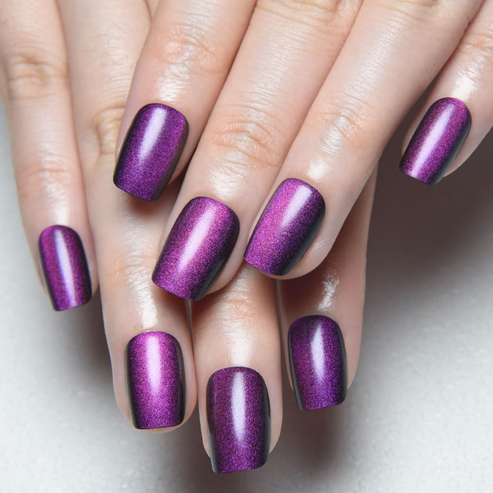 evpct Purple Cat Eye Press on Nails Short Square, Short Square Stick on Fake Nails for Women Gift, Dark Purple Metallic Glitter Glossy Reusable Soft Gel Stick Press on Acrylic False Nail with Designs