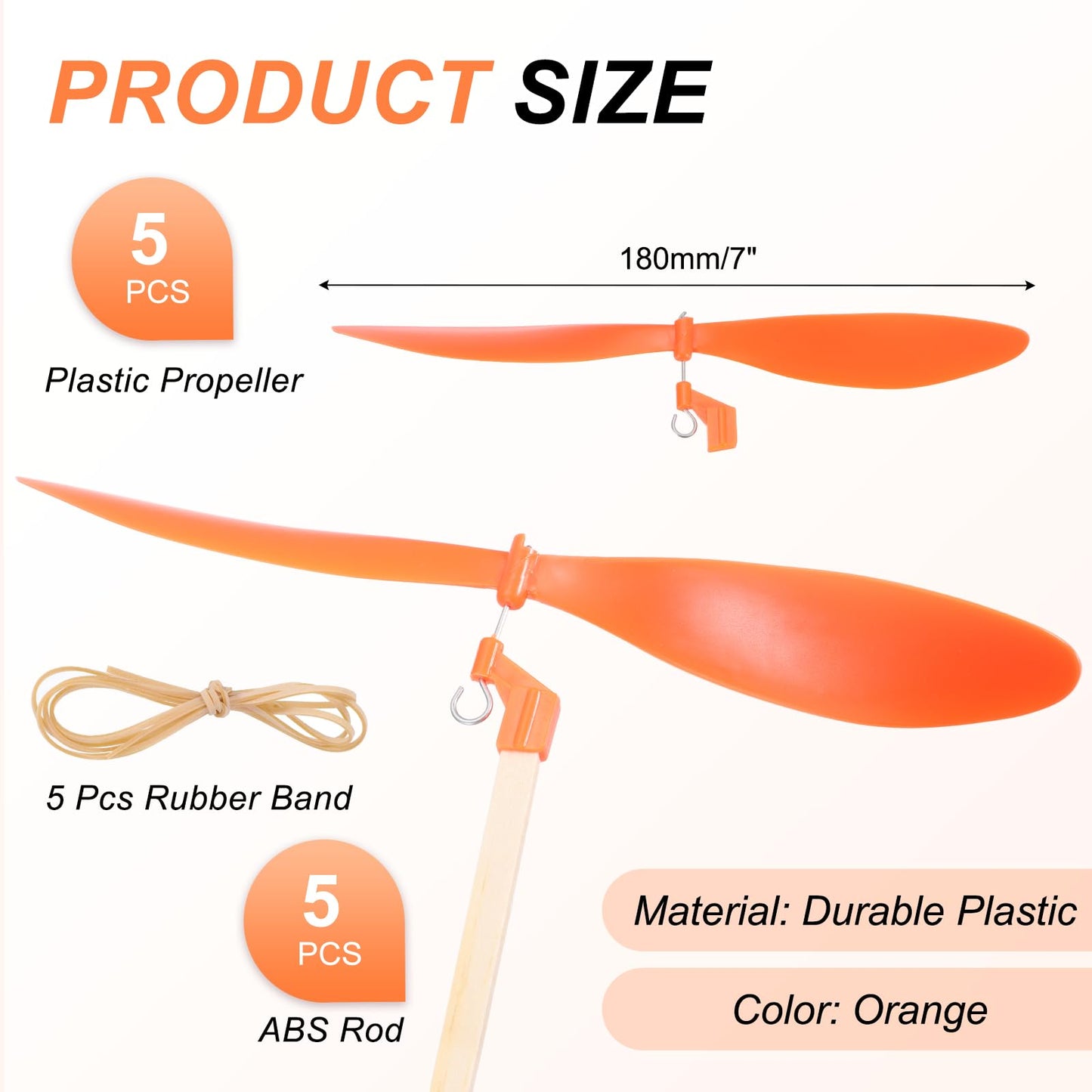 MECCANIXITY Plastic Propeller, Propeller Props Blade with 12" Wood Rod Rubber Band Helicopter Kit 7" Fold Resistant for STEM Activities Powered Airplanes DIY Science(Orange, Pack of 5)