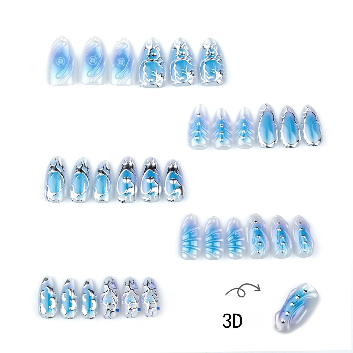 30Pcs Blue Almond Press on Nails Medium Fake Nails 3D Sliver Irregular Design Chrome False Nails Punk Sliver Acrylic Nails Full Cover Reusable Y2k Nails Glossy Blue Stick on Nails for Women