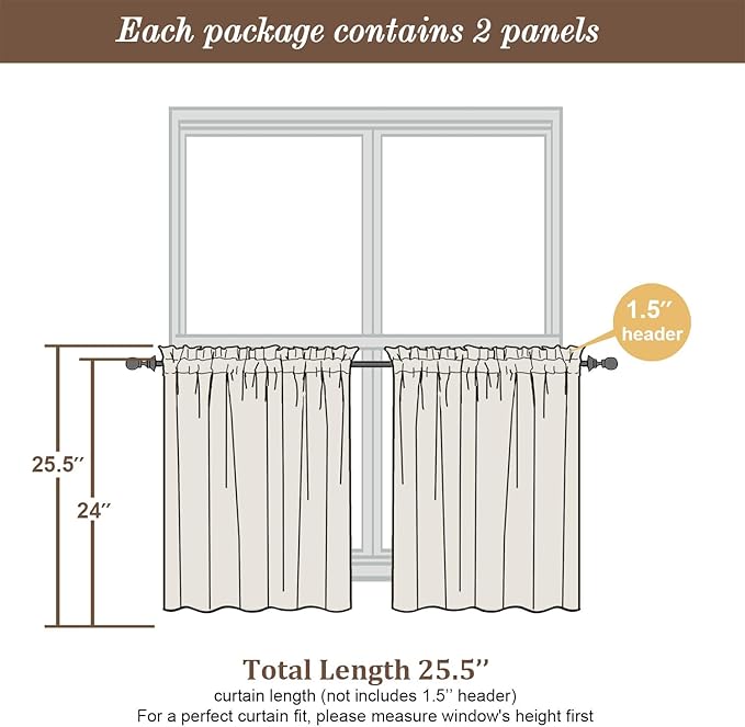 Chyhomenyc Sheer Lemon Tier Curtains 24 Inch Length Set, Small Window Kitchen Curtains for Bathroom Living Room Basement, Farmhouse Short Voile Curtain 42Wx24L, Rod Pocket, 2 PCS