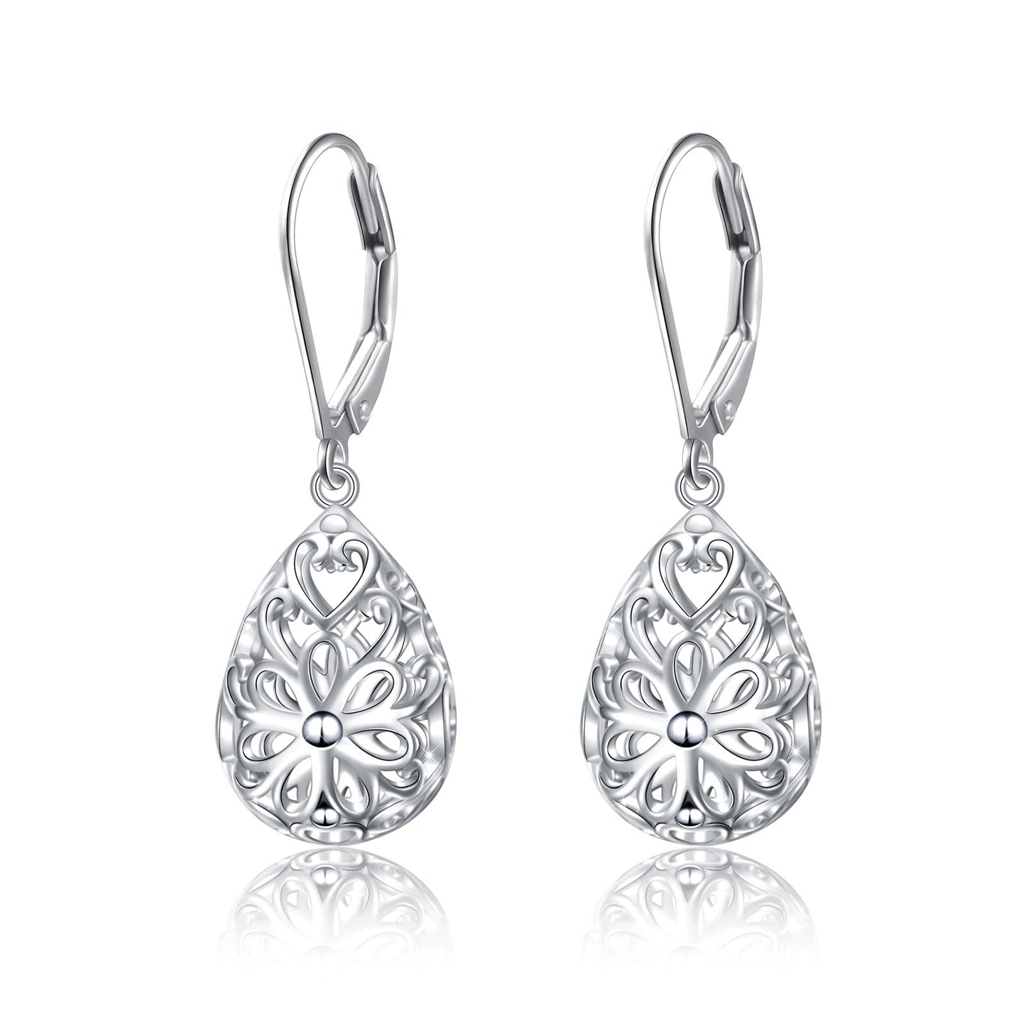 SHAOAN 925 Sterling Silver Filigree Dangle Drop Earrings Flower Daisy Leverback Teardrop Earrings for Women Jewelry for Mother’s Day