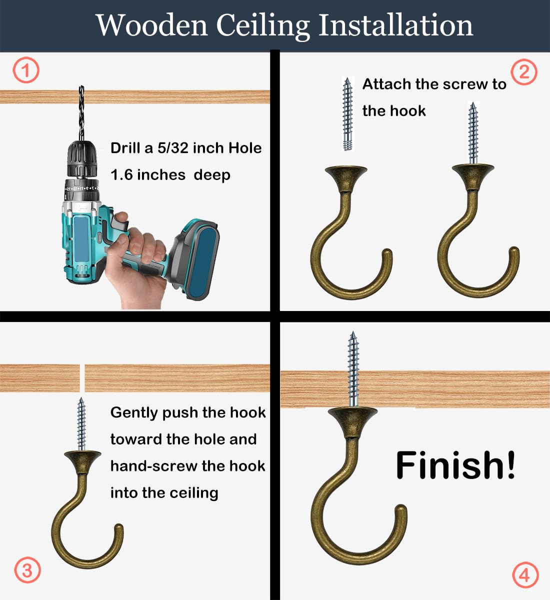 Evsteluo 4 Sets Heavy Duty Swag Ceiling Hooks with Hardware for Hanging Plants, Cavity Wall Fixing, Easy Installation, Holds Up to 30lbs, Ideal for Home & Garden (4 Sets, Antique Brass)