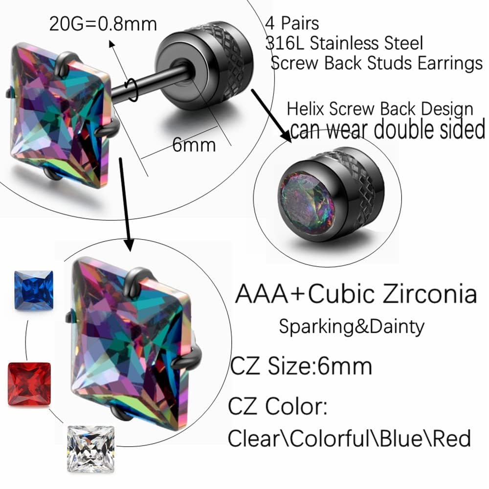 Hopply 4 Pairs Titanium Screw Back Surgical Stainless Steel Earrings for Women Men,Rainbow 5A Cubic Zirconia Studs Double Side Earrings Piercing Sleeper Jewelry 6mm