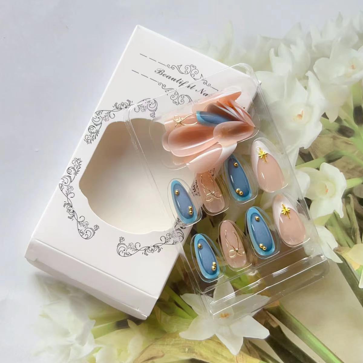 3D Gold Bow Press on Nails Glossy Blue Fake Nails Medium Almond False Nails with Star Design White French Tip Glue on Nails Full Cover Stick on Nails Cute Artificial Nails for Women Manicure 24Pcs