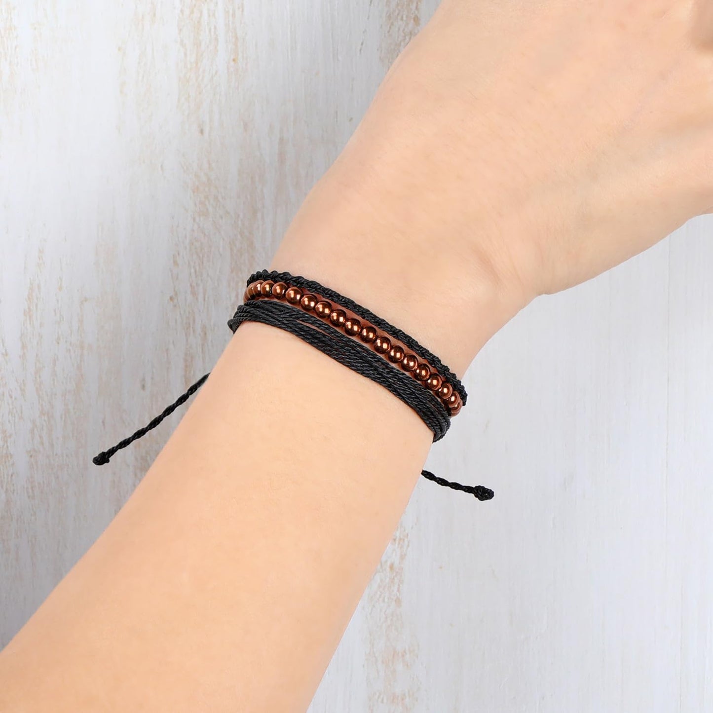 QOGIR Handmade Healing Bracelet,4mm Natural Copper Hematite Gem Stone Beads Bracelet Gifts for Men Women with 2PCS Size Adjustable Rope Bracelets