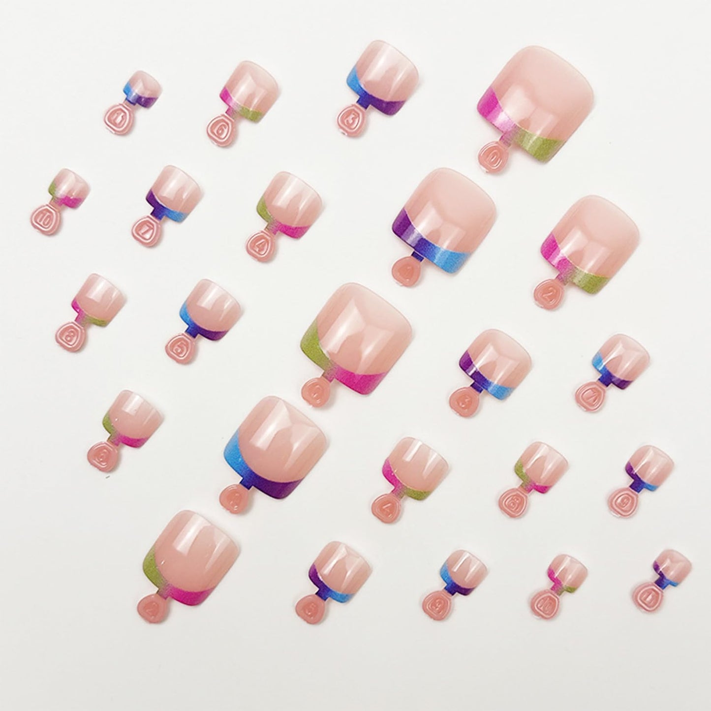 IMRAIN 48Pcs Press on Toe Nails Short Fake Toenails & Medium Duck False Nails with Colorful French Tip Design Glossy Glue on Toe Nails Summer Acrylic Manicure Toenail Press on Nails