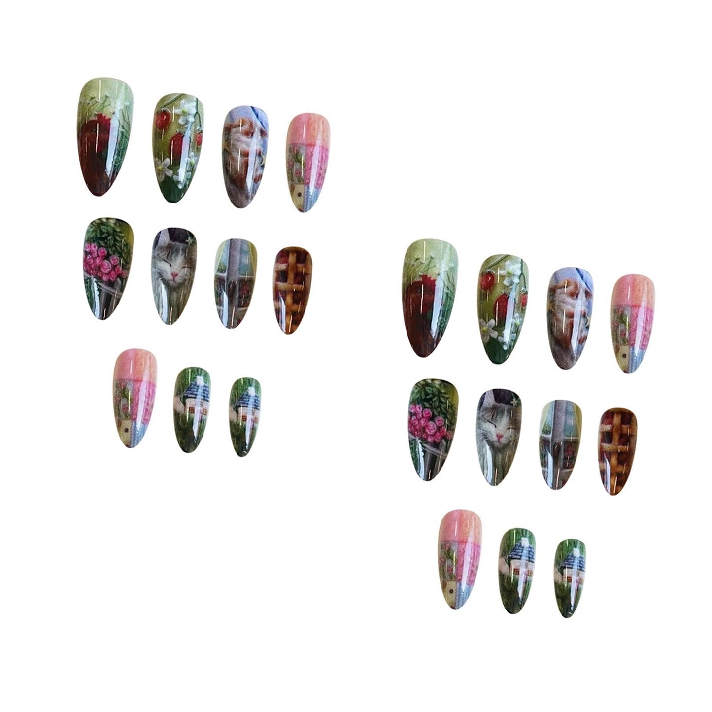 IMRAIN Press on Nails Almond Medium Fake Nails Green Acrylic False Nails Full Cover Artificial Cute Glue Stick on Nails for Women Girls 24Pcs