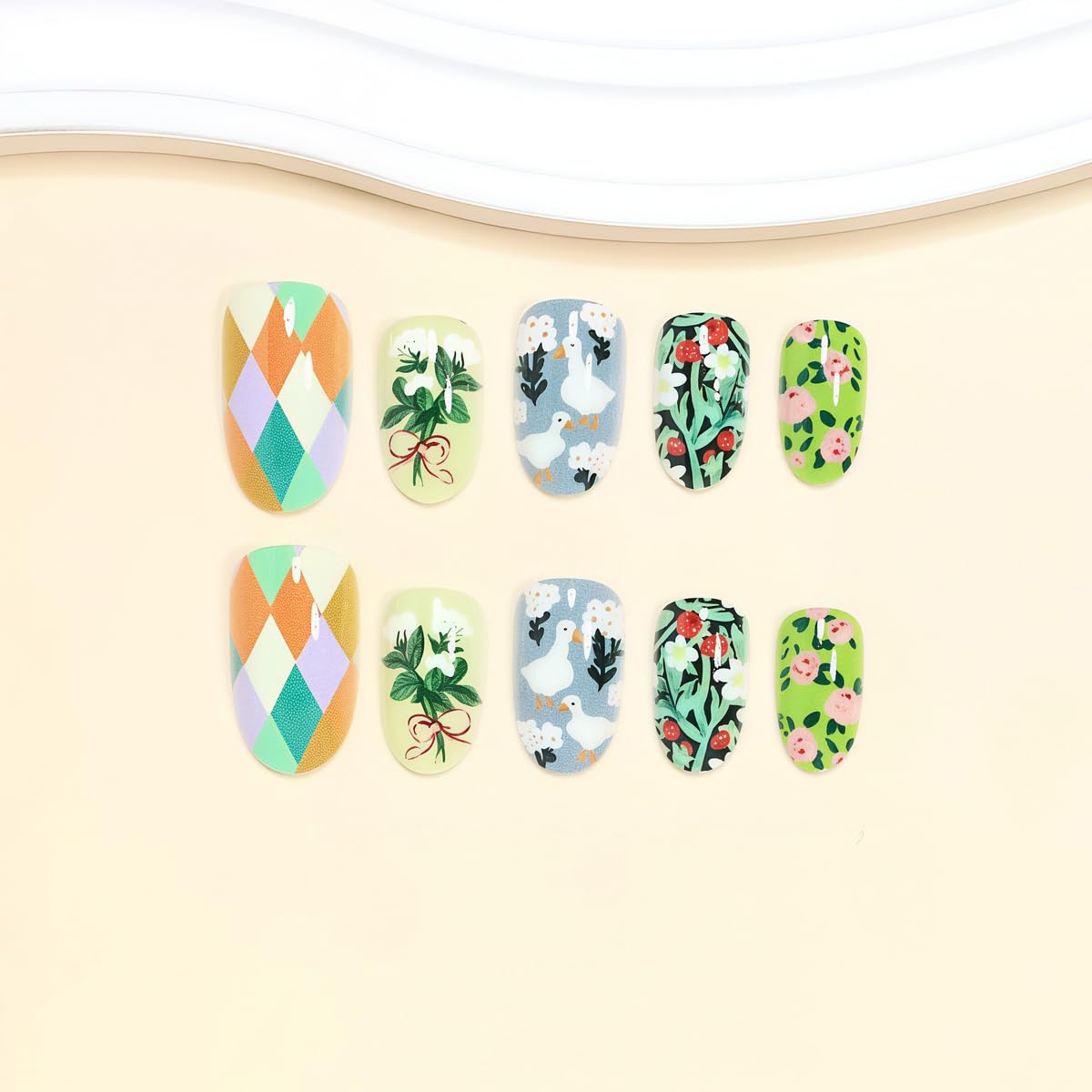 Spring Summer Cute Press on Nails Short Oval - Strawberry, Flower, Leaf & White Goose Design, Full Cover Glossy Fake Nails 24PCS for Women