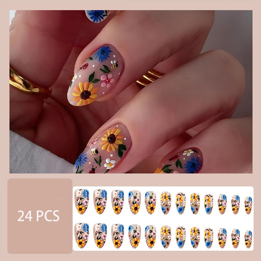 Spring Summer Press On Nails 24Pcs Medium Almond Fake Nails With Flower Daisy Designs Full Cover Glue On Acrylic False Nails Cute Floral Stick On Nails for Women and Girls