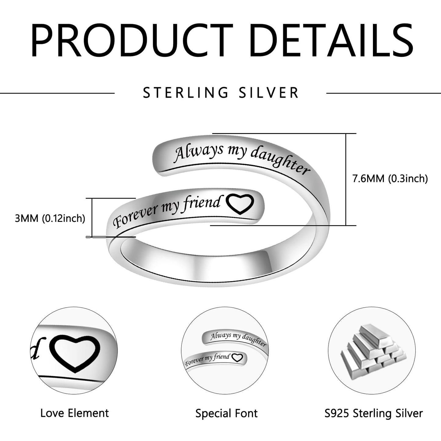 925 Sterling Silver Inspirational Jewelry Adjustable Wrap Open Ring Encouragement Gift for Women(Always my daughter Forever my friend)
