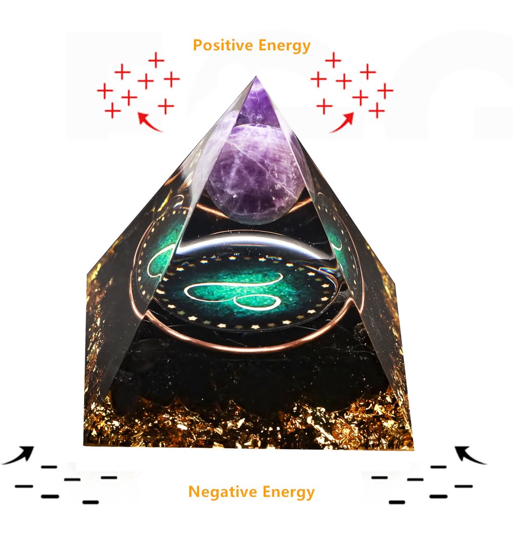 12 Zodiac Orgone Crystal Pyramid, Natural Amethyst with Obsidian,Healing Crystals Pyramid for Protection Chakra, Unique Constellation Pyramid for Positive Energy, Healing Money Health(Leo)